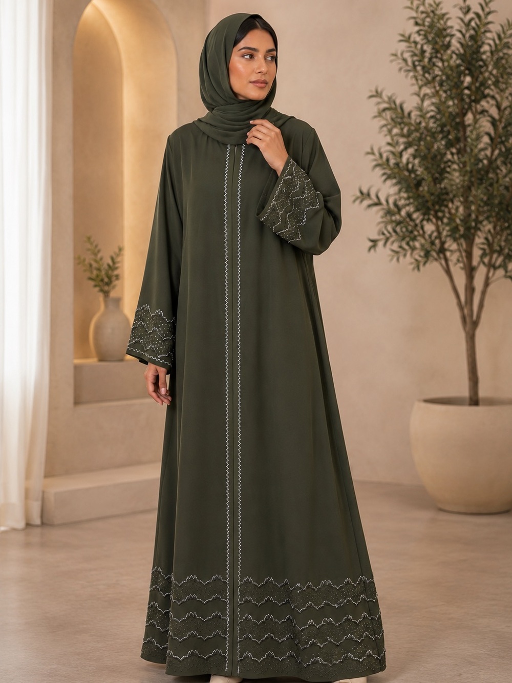 Olive Embroidered Long Abaya Dress with Hijab
